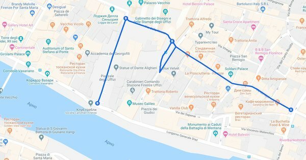 Územie zákazu občerstvenie na uliciach Florencie. Foto: screenshot of maps.google.com